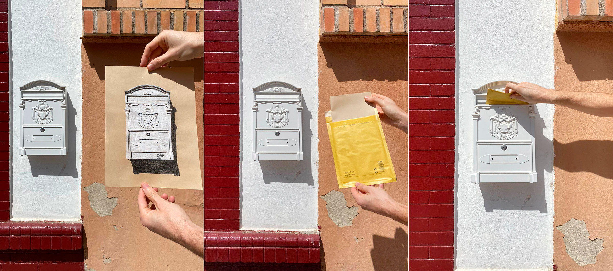 El mensaje es el medio, 2018-2020, Dibujos sobre papel abandonados en buzones. Málaga, 2020