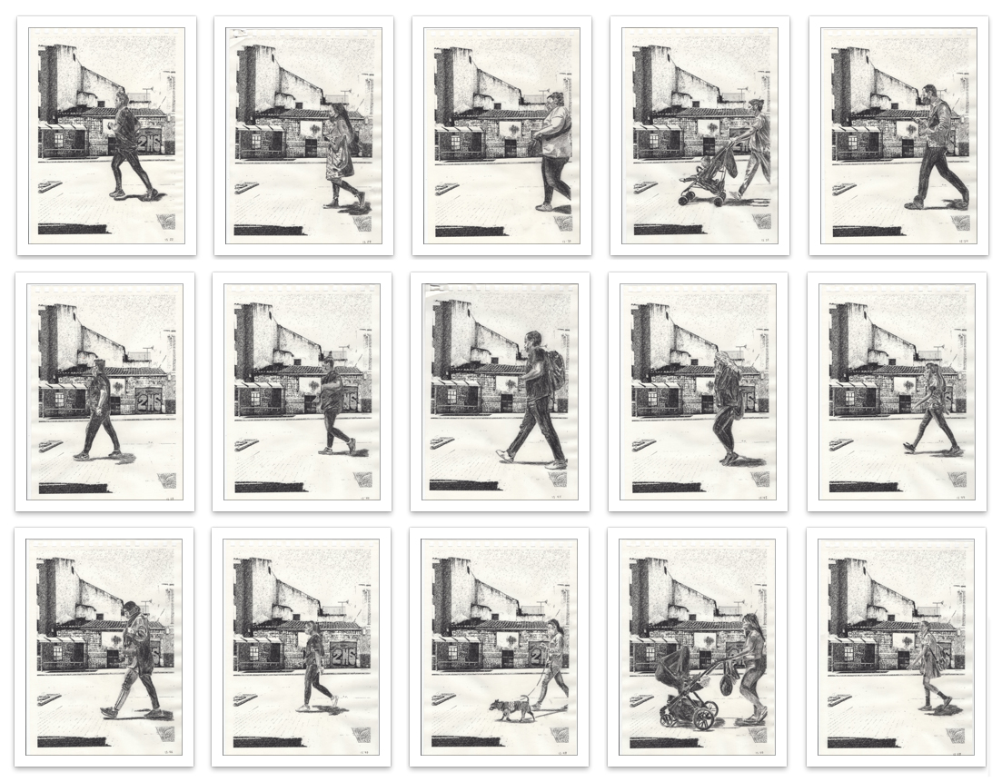 De paso, 2021-2024, Dibujos sobre papel instalados sobre valla publicitaria. Málaga, 2021