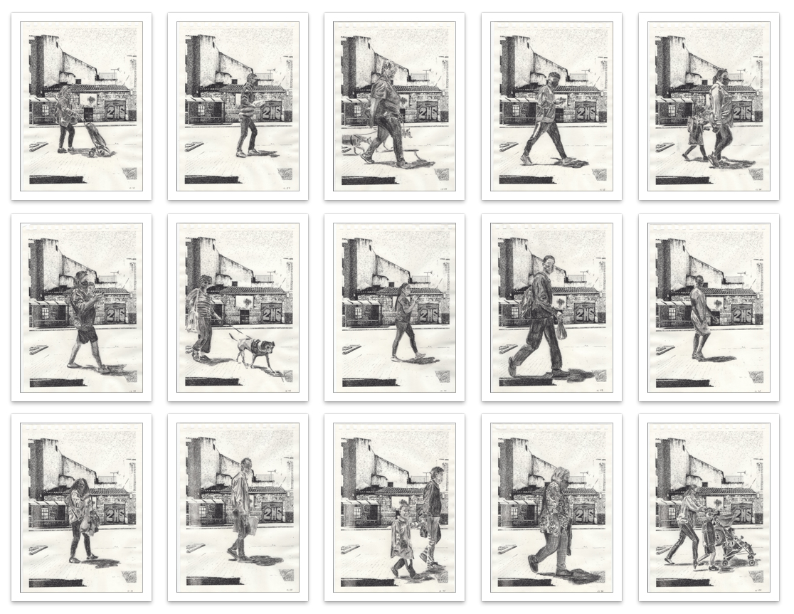 De paso, 2021-2024, Dibujos sobre papel instalados sobre valla publicitaria. Málaga, 2021