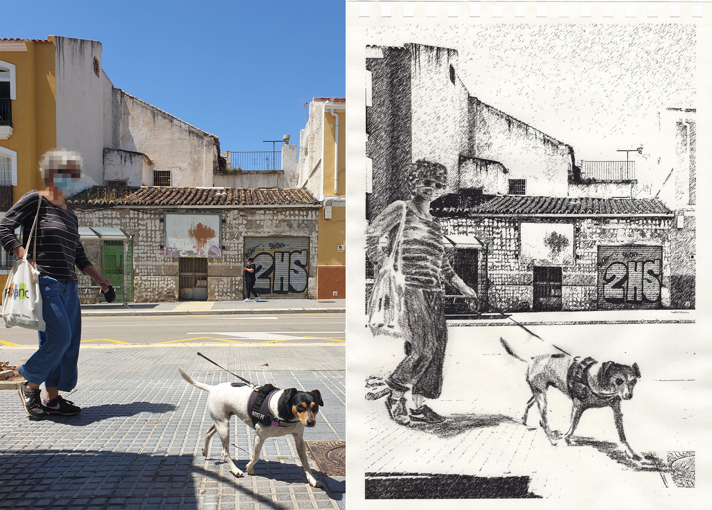 De paso, 2021-2024, Dibujos sobre papel instalados sobre valla publicitaria. Málaga, 2021