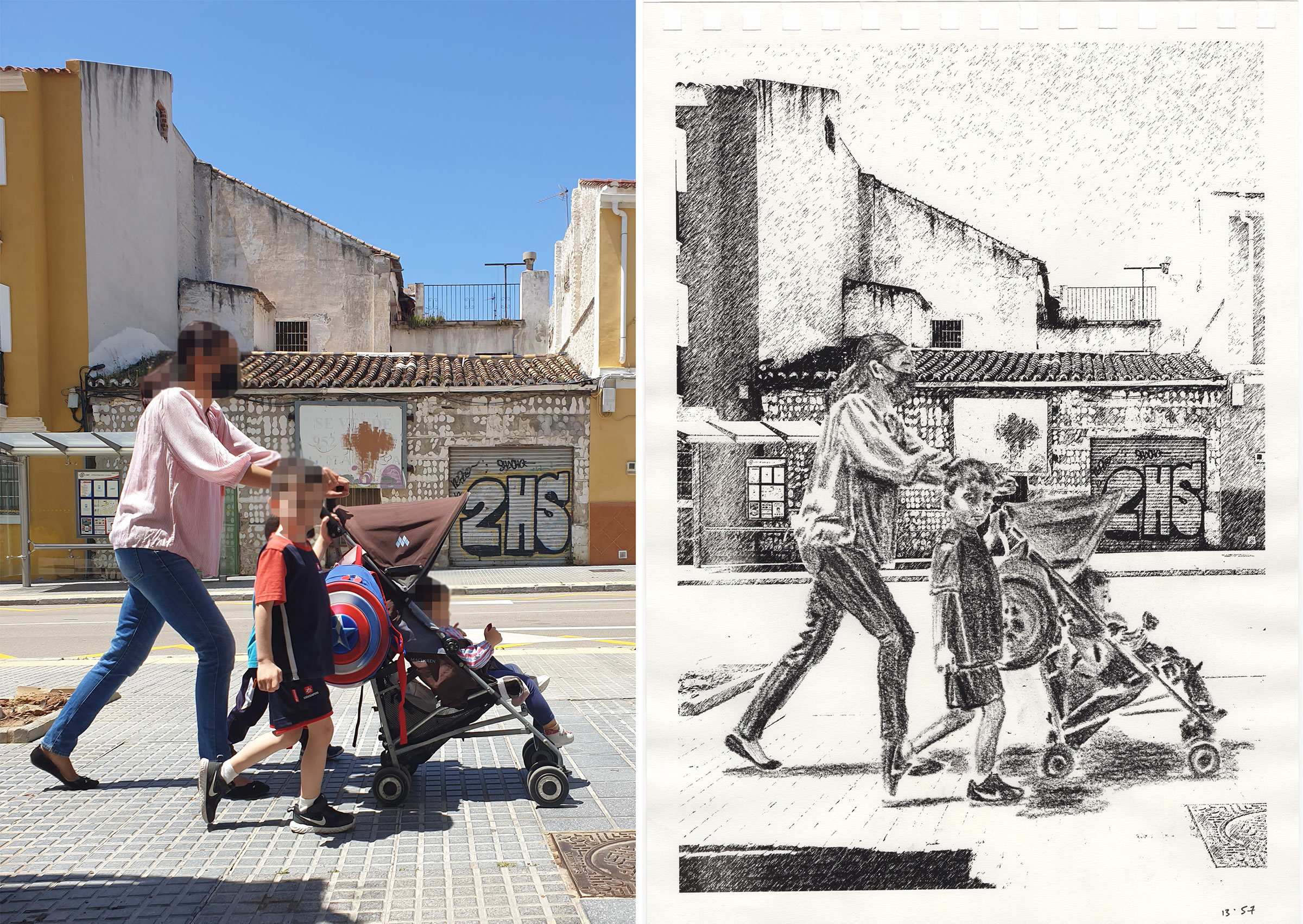 De paso, 2021-2024, Dibujos sobre papel instalados sobre valla publicitaria. Málaga, 2021
