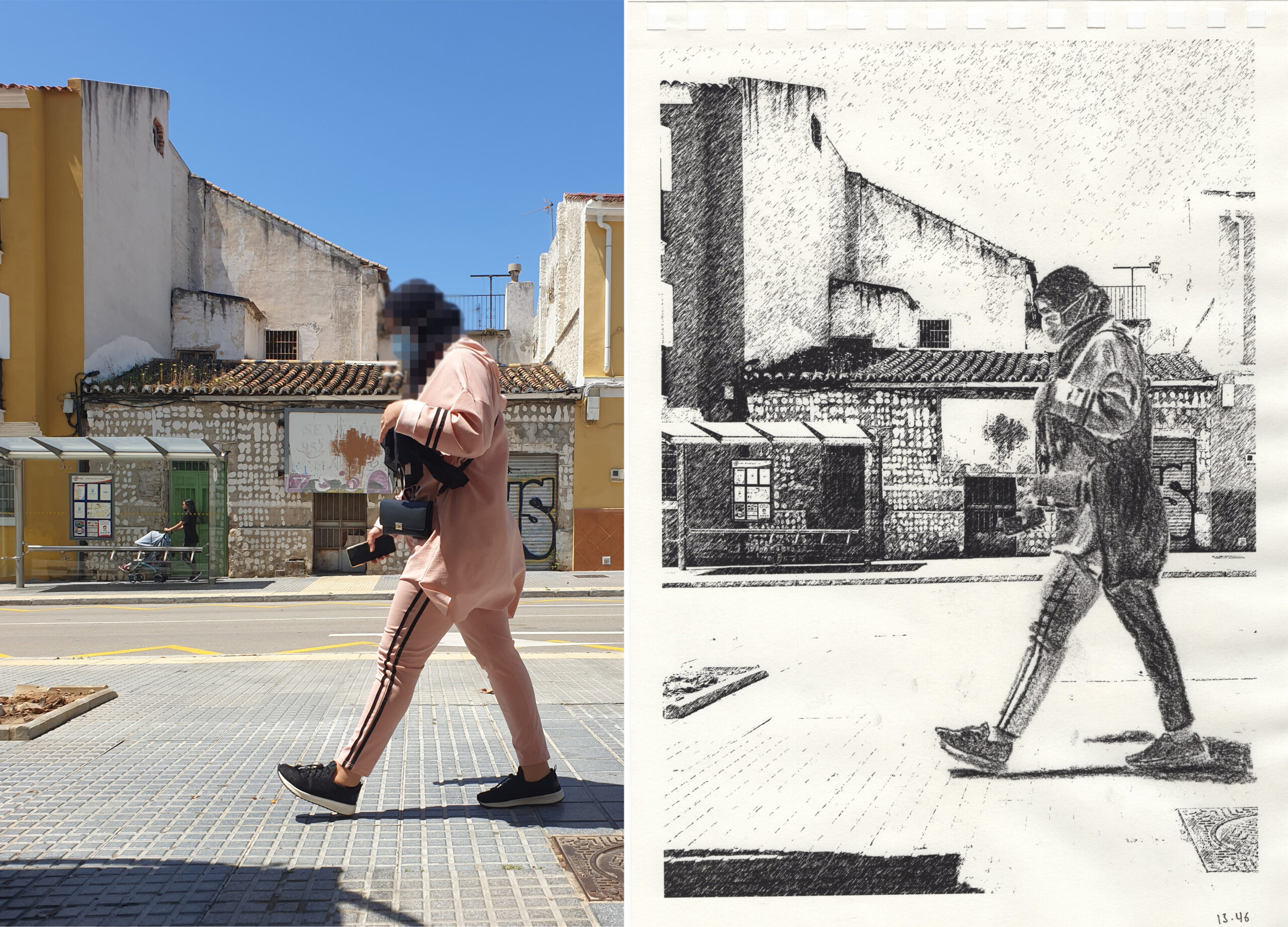 De paso, 2021-2024, Dibujos sobre papel instalados sobre valla publicitaria. Málaga, 2021