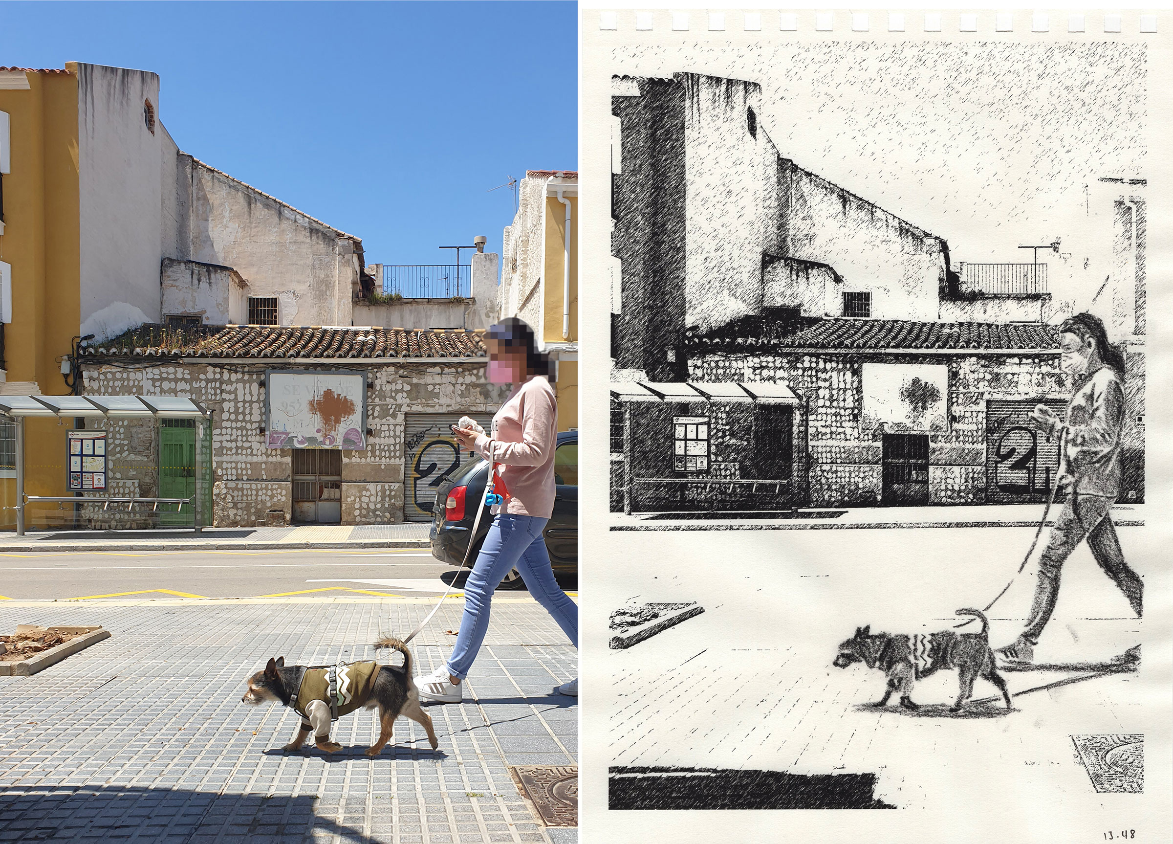 De paso, 2021-2024, Dibujos sobre papel instalados sobre valla publicitaria. Málaga, 2021
