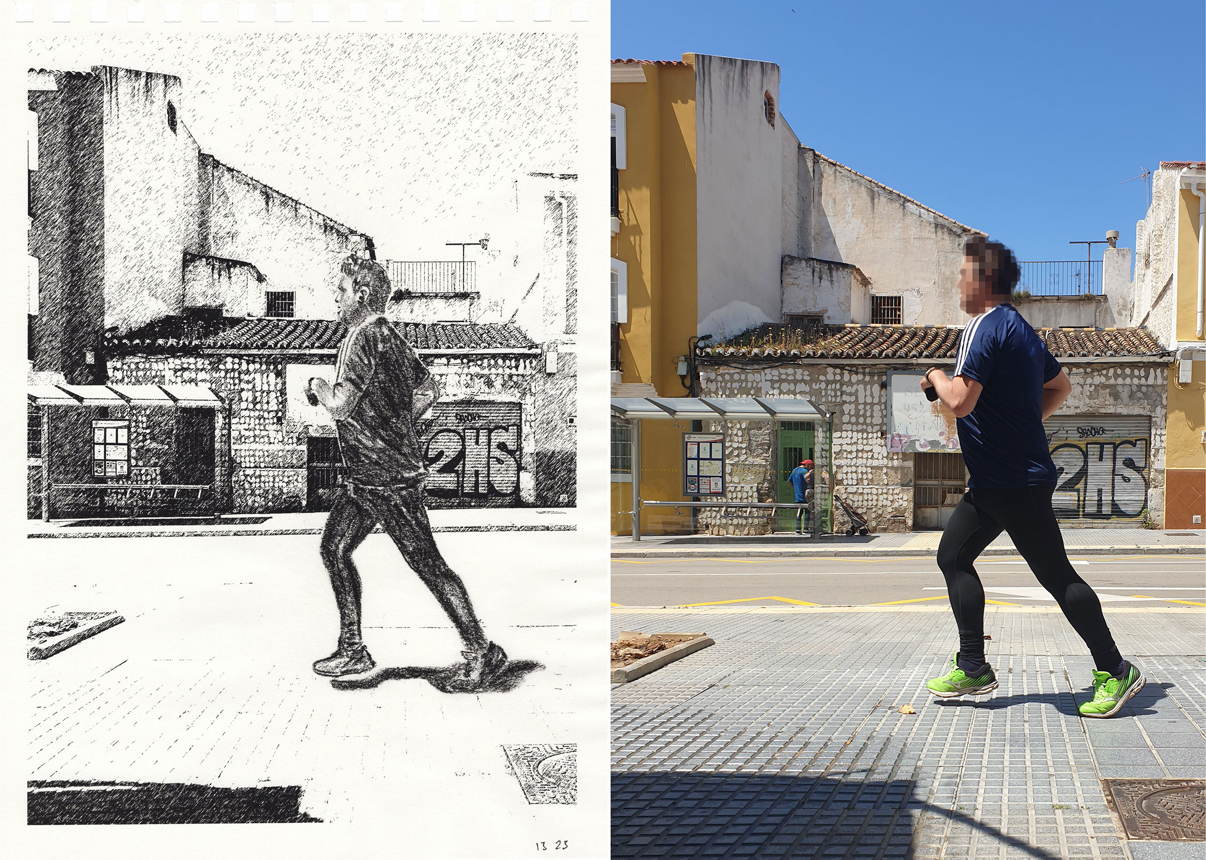 De paso, 2021-2024, Dibujos sobre papel instalados sobre valla publicitaria. Málaga, 2021