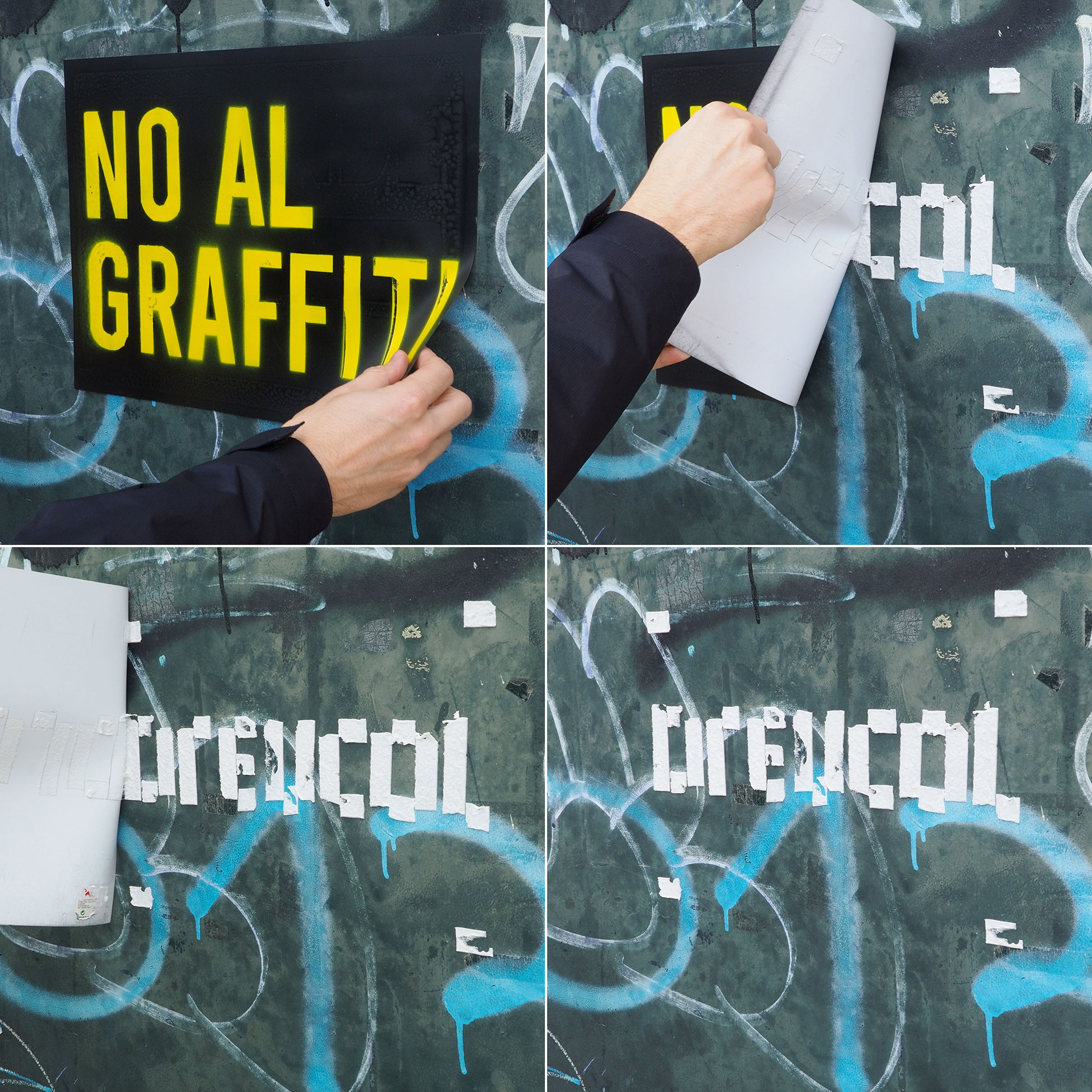 Doble cara, 2021-2024, Carteles intervenidos e instalados con cinta de doble cara. Málaga, 2021