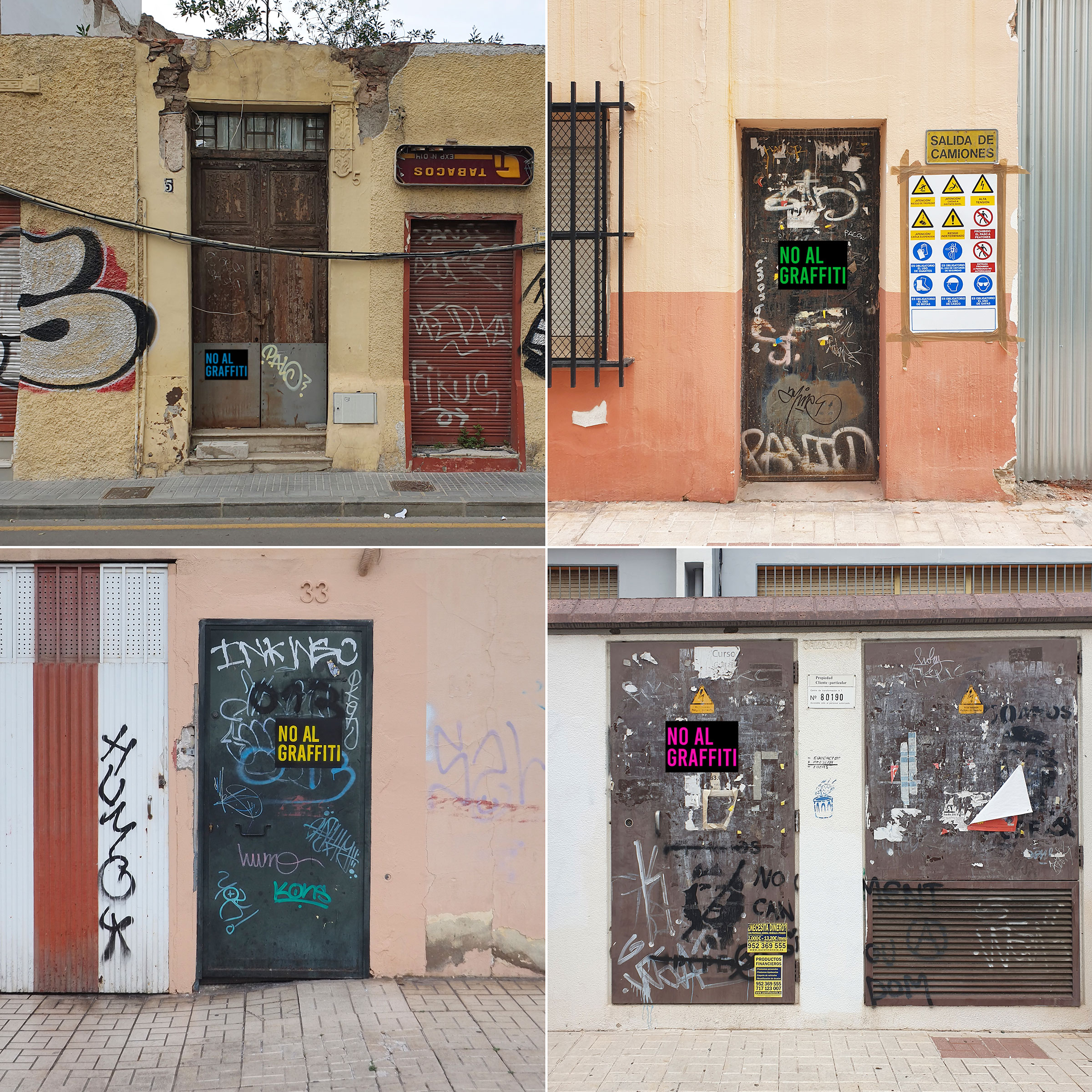 Doble cara, 2021-2024, Carteles intervenidos e instalados con cinta de doble cara. Málaga, 2021